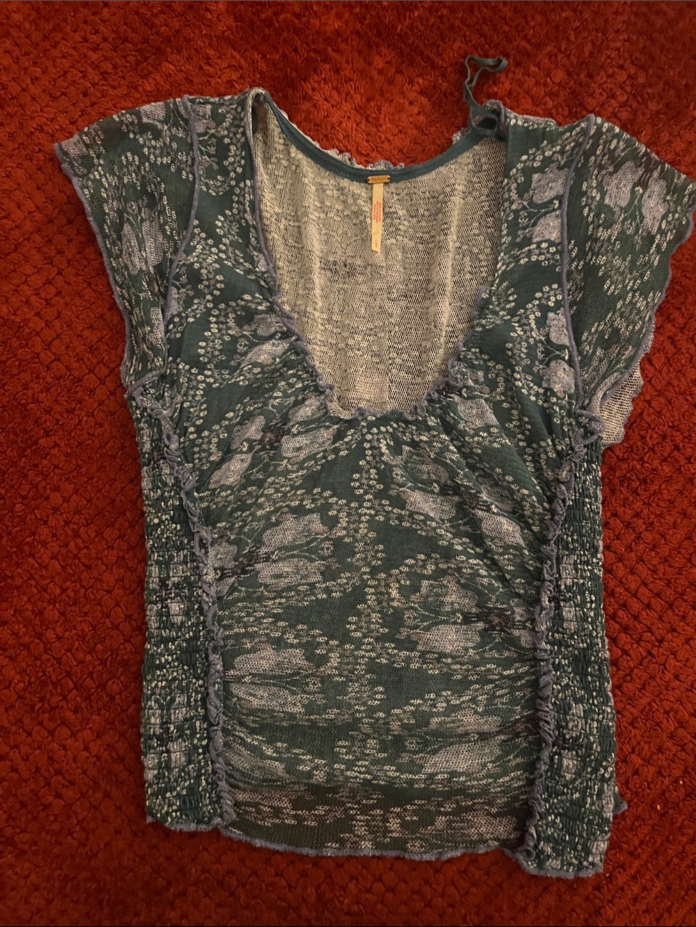 Free People Teal and Lavender Short Sleeve Printed Top